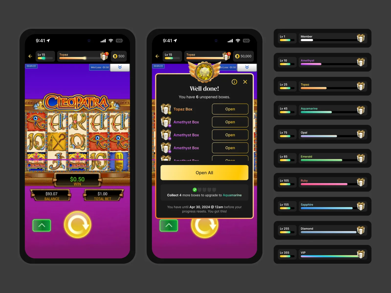 Betty Gems loyalty system: tier UI and progression