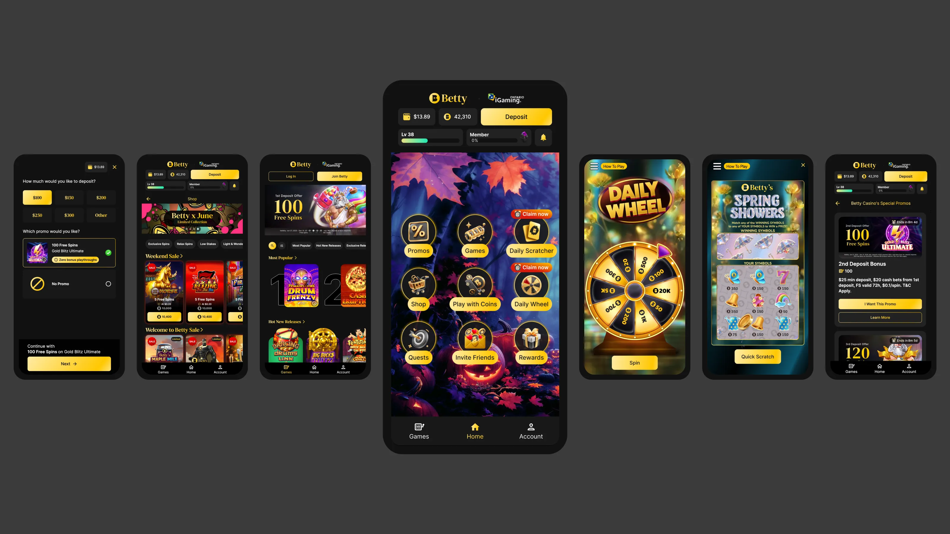 Betty product: lobby, game room, onboarding flow