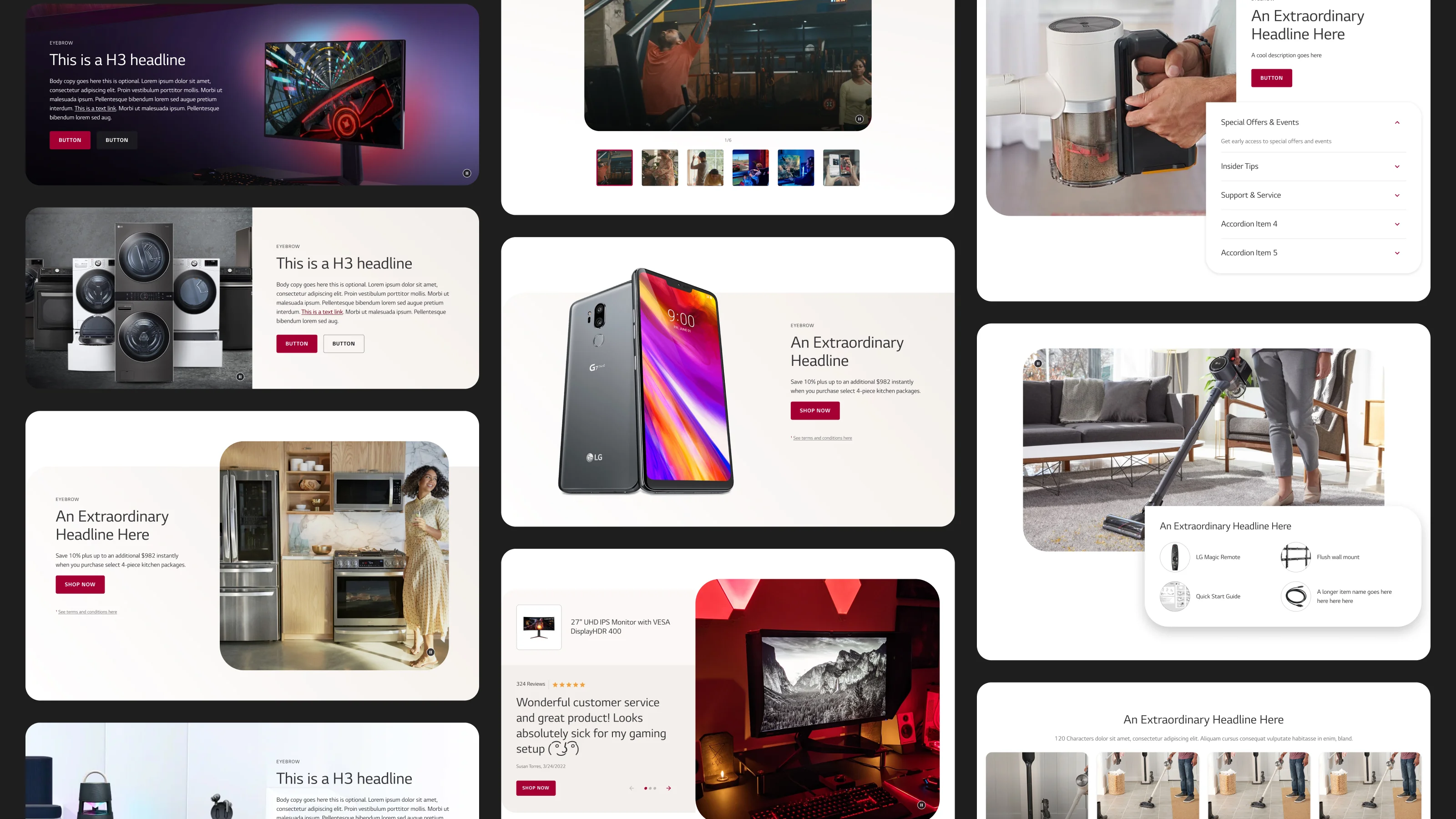 LG content module library: hero banners, product spotlights, reviews, accordions