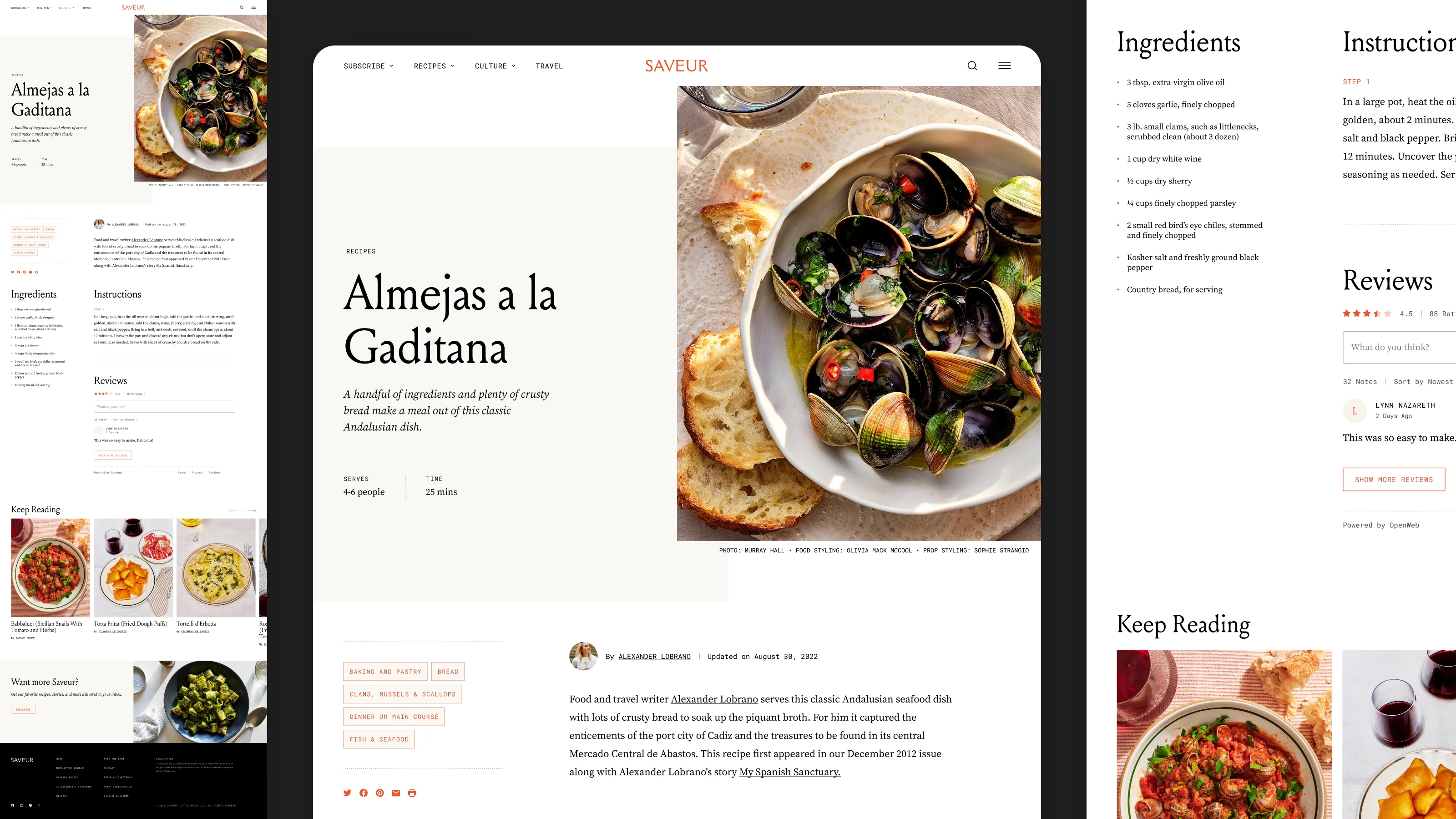 Saveur recipe page: ingredient panel, photography, cook steps